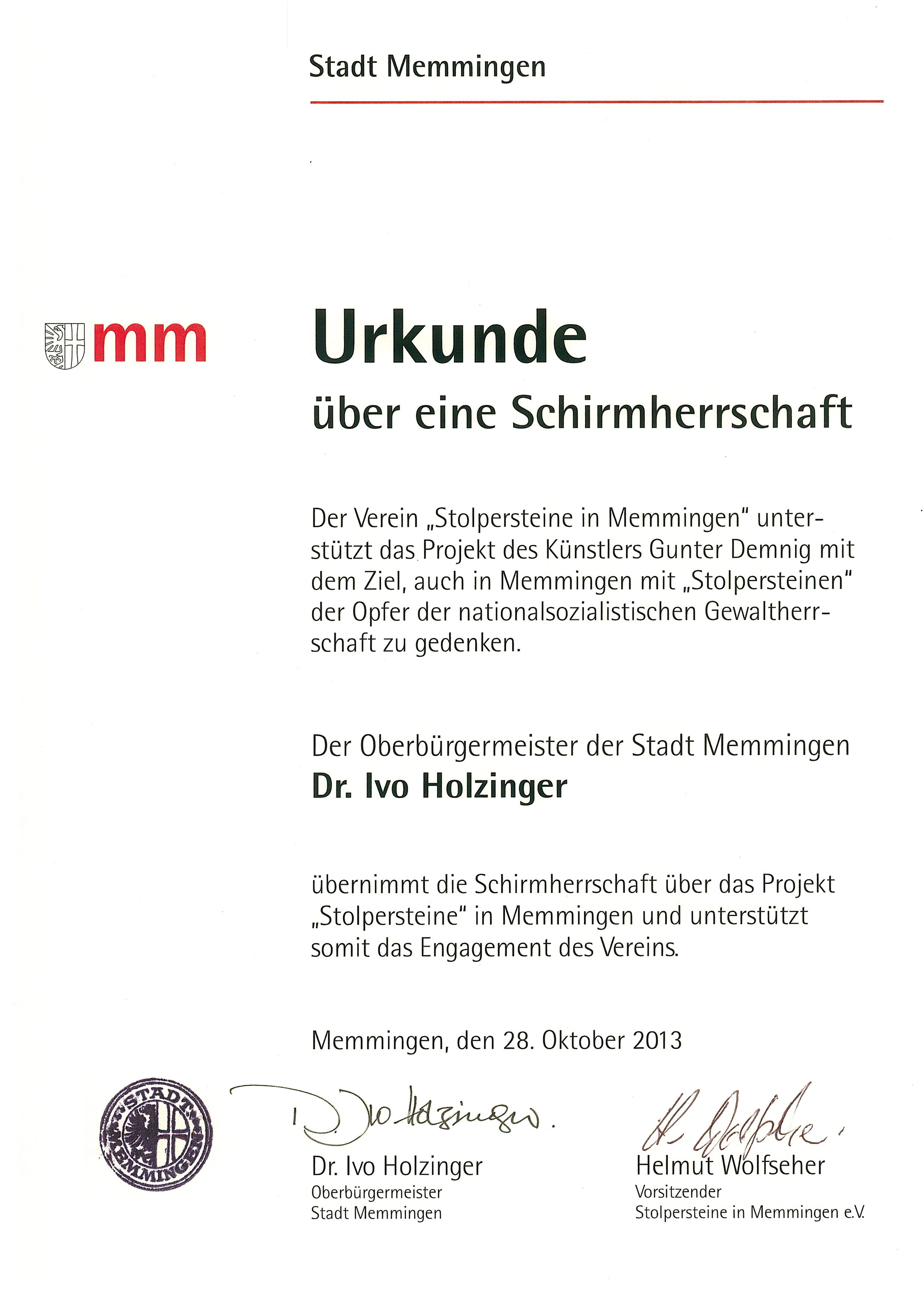Schirmherrschaft Oberbürgermeister Ivo Holzinger